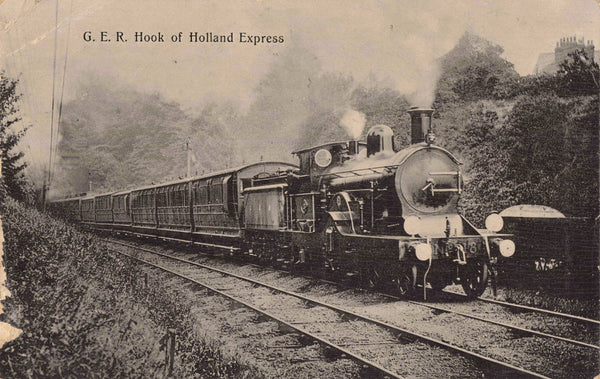 Old postcard of G.E.R. Hook of Holland Express steam train