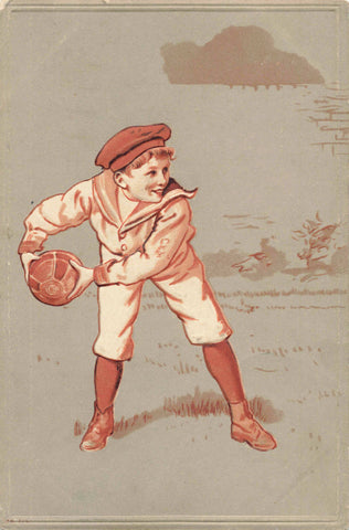 Old embossed postcard showing a boy with a football