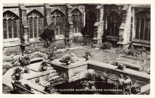 Old postcard of the Cloister Garth, Chester Cathedral