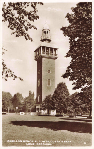 Old real photo postcard of Carillon Memorial Tower in Loughborough