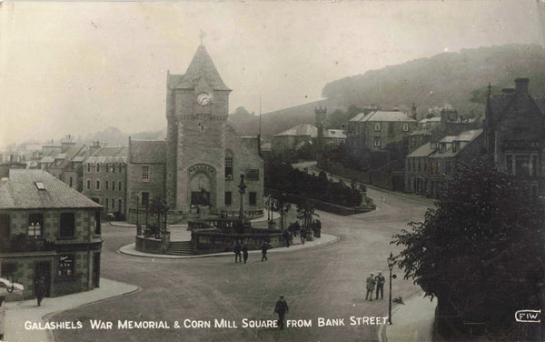 Old real photo postcard of Galashiels, War Memorial & Corn Mill Square from Bank Street