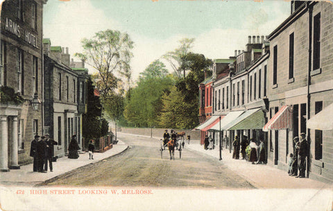 Old postcard of High Street looking west, Melrose in Scotland