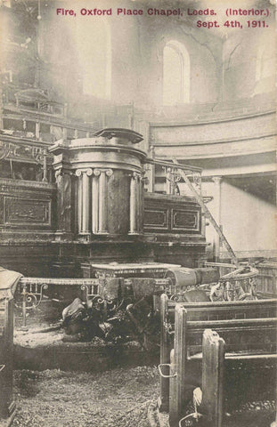 Old postcard of the fire at Oxford Place Chapel, Leeds (interior) on Sept 4th 1911