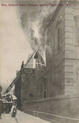 Old postcard showing the fire at Oxford Place Chapel, Leeds on September 4th 1911