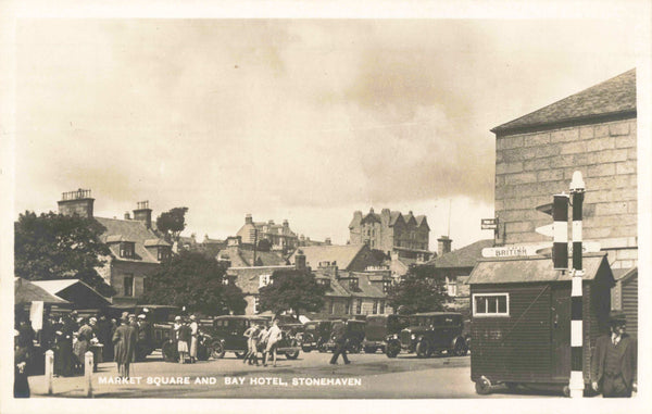 Old postcard of Market Square and Bay Hotel, Stonehaven, Aberdeenshire