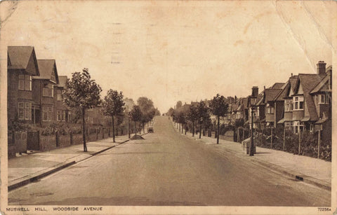 Old postcard of Woodside Road, Muswell Hill, London, 1933