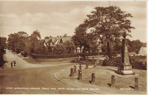 1939 real photo postcard of War Memorial, Manor Road and Park Road, Cheadle Hulme