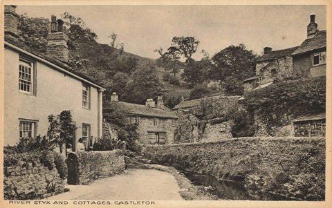 Old postcard of River Styx and Cottages, Castleton, Derbyshire