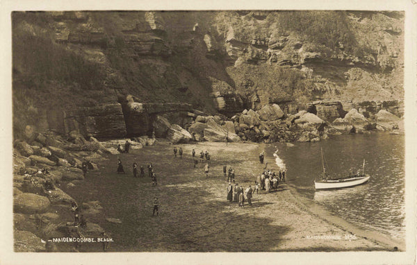 Old real photo postcard of Maidencoombe Beach, Devon