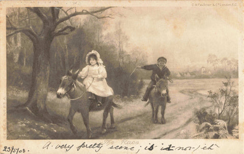 Old postcard posted in 1903 showing two children on donkeys, titled The Race