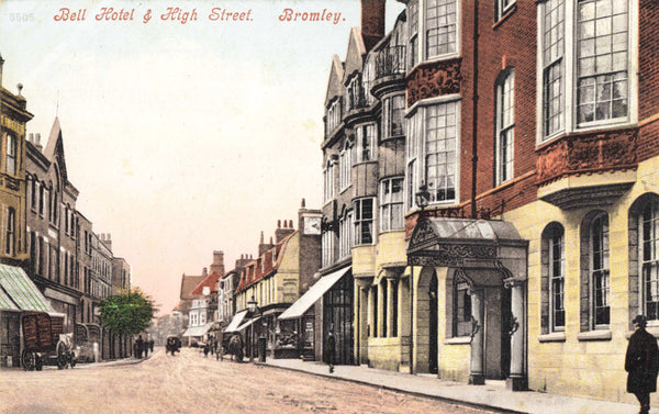 Old postcard of Bell Hotel and High Street, Bromley, Kent