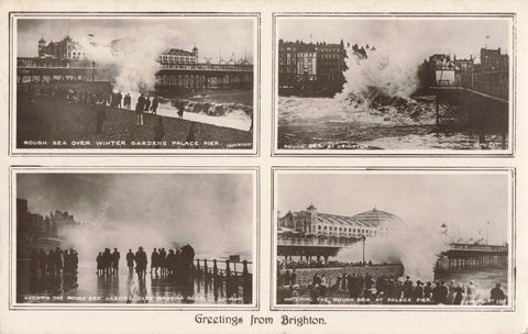 Old real photo postcard showing rough sea locations at Brighton