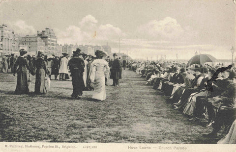 Pre 1914 postcard of Hove Lawns, showing a Church Parade