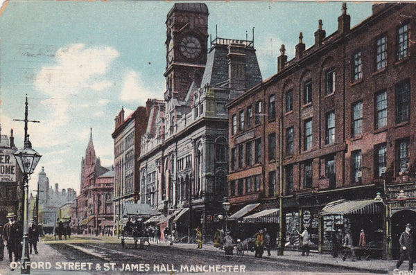 Oxford Street and St James Hall, Manchester, 1910 postcard