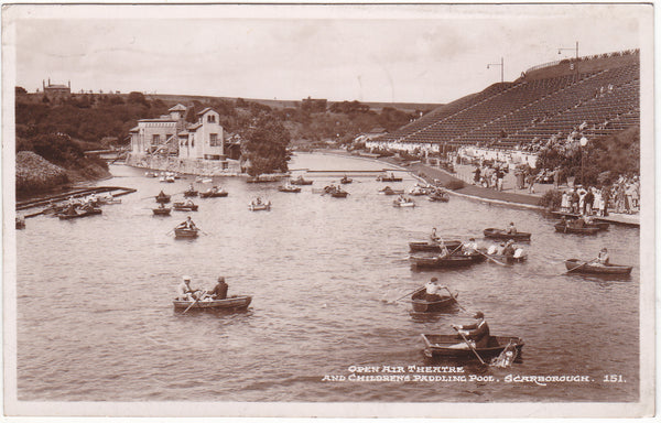 Old real photo postcard of Open Air Theatre & Children's Paddling Pool, Scarborough