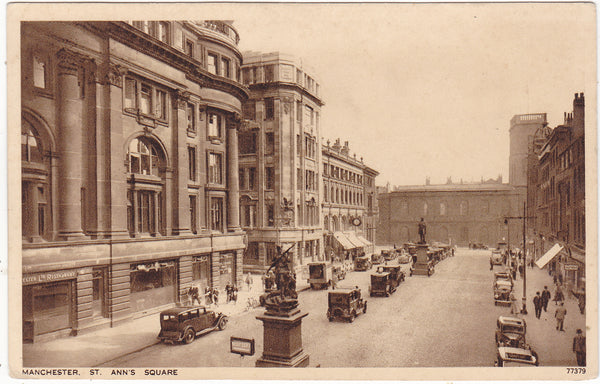 Old postcard of St Ann's Square, Manchester double view postcard